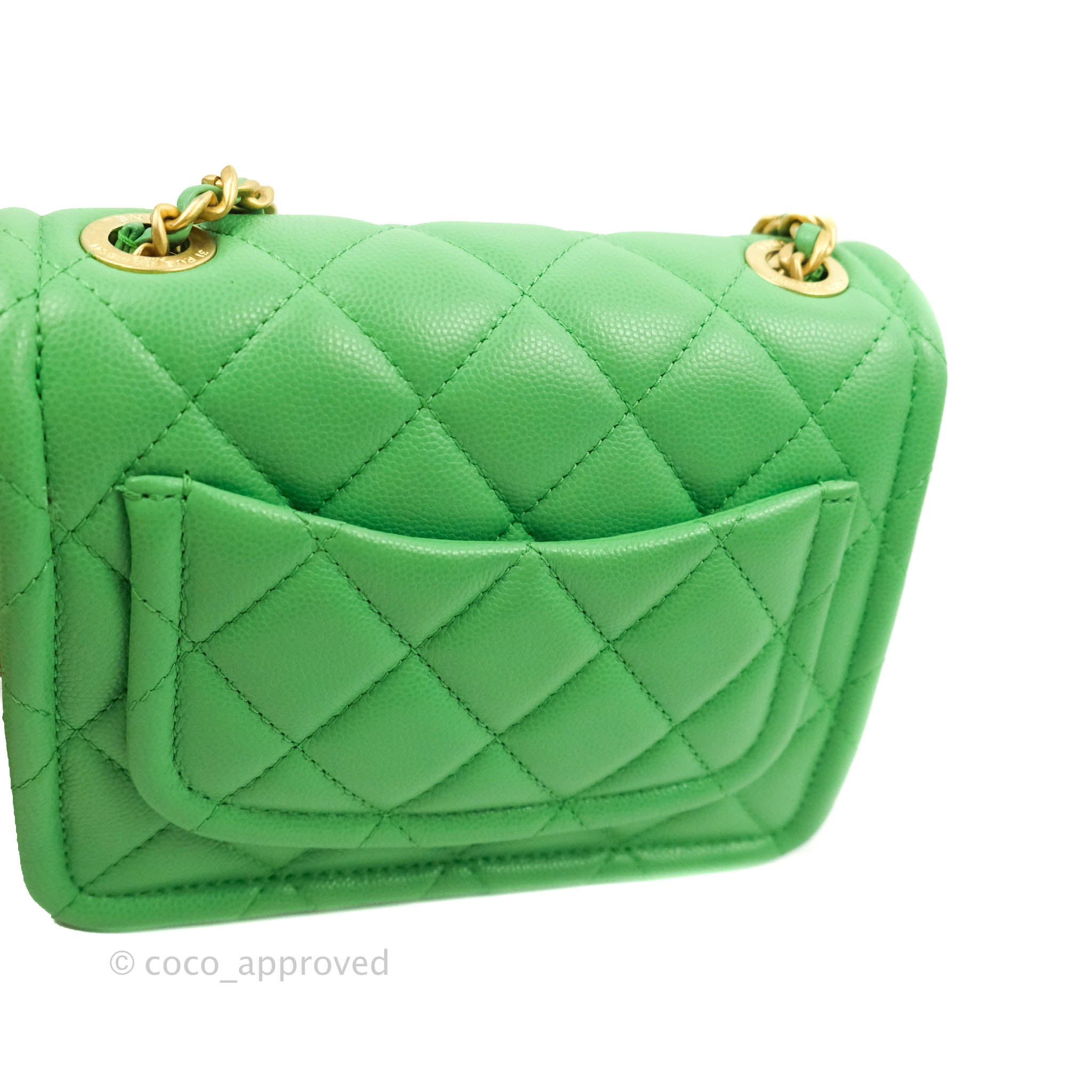 Chanel Mini Square Sweet Quilted Flap Green Caviar Aged Gold