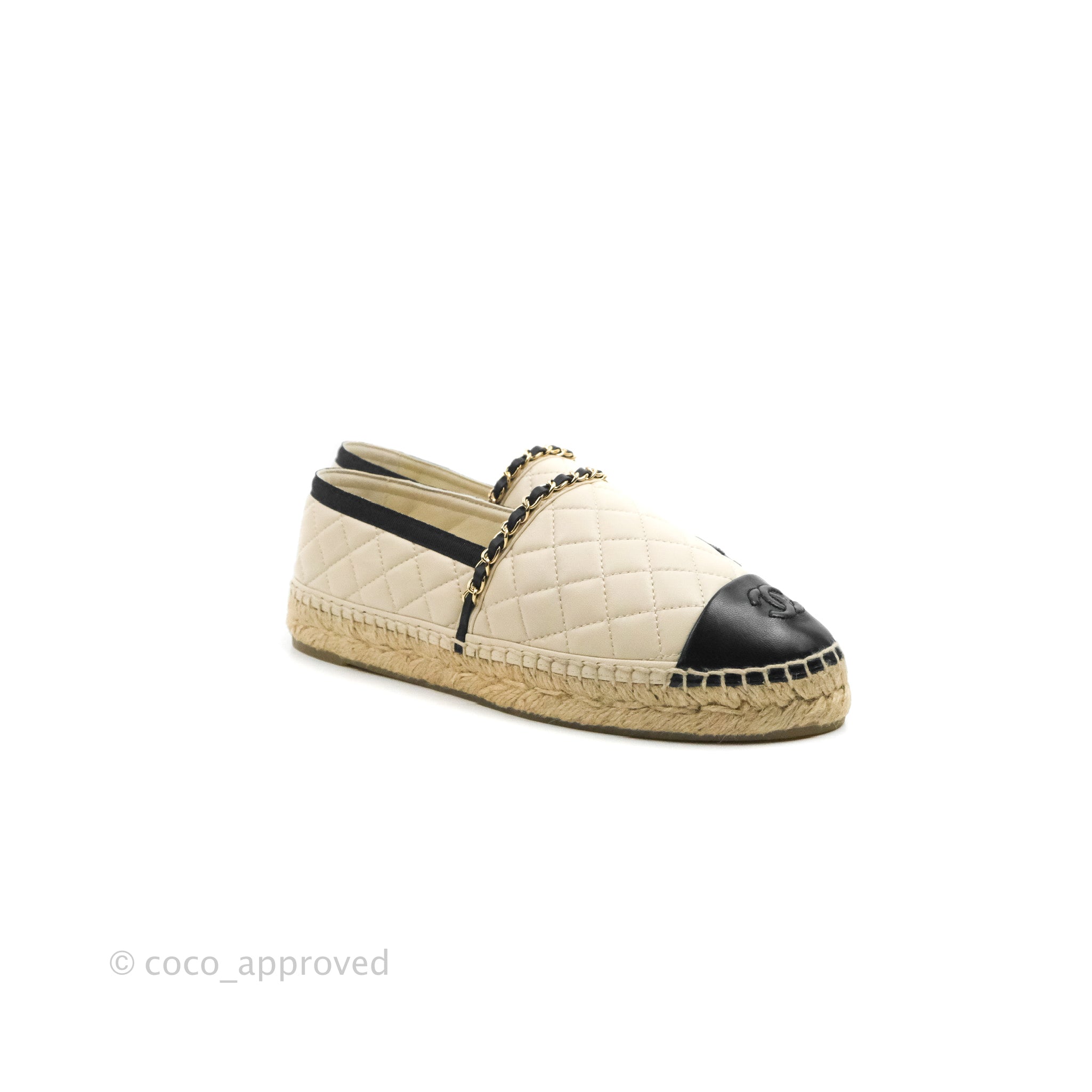 Chanel Quilted CC Espadrilles Ivory Black Lambskin Size 40