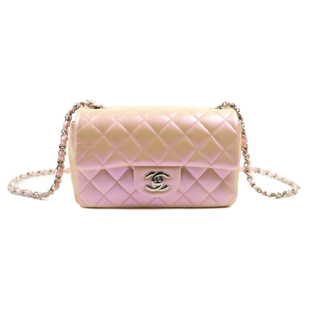 Chanel Quilted Mini Rectangular Flap Iridescent Pink Lambskin Silver Hardware