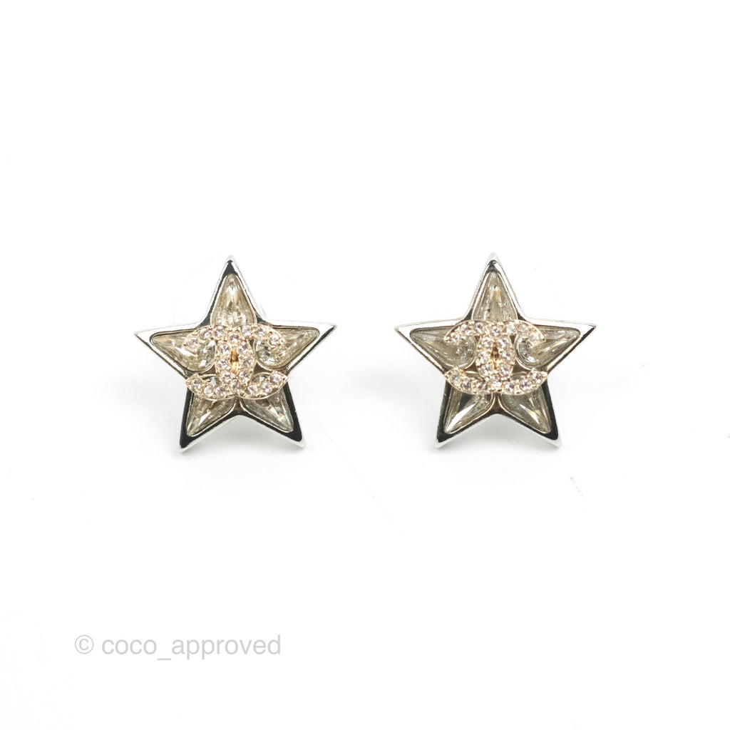 Chanel Star Crystal CC Earrings Silver Tone 23S