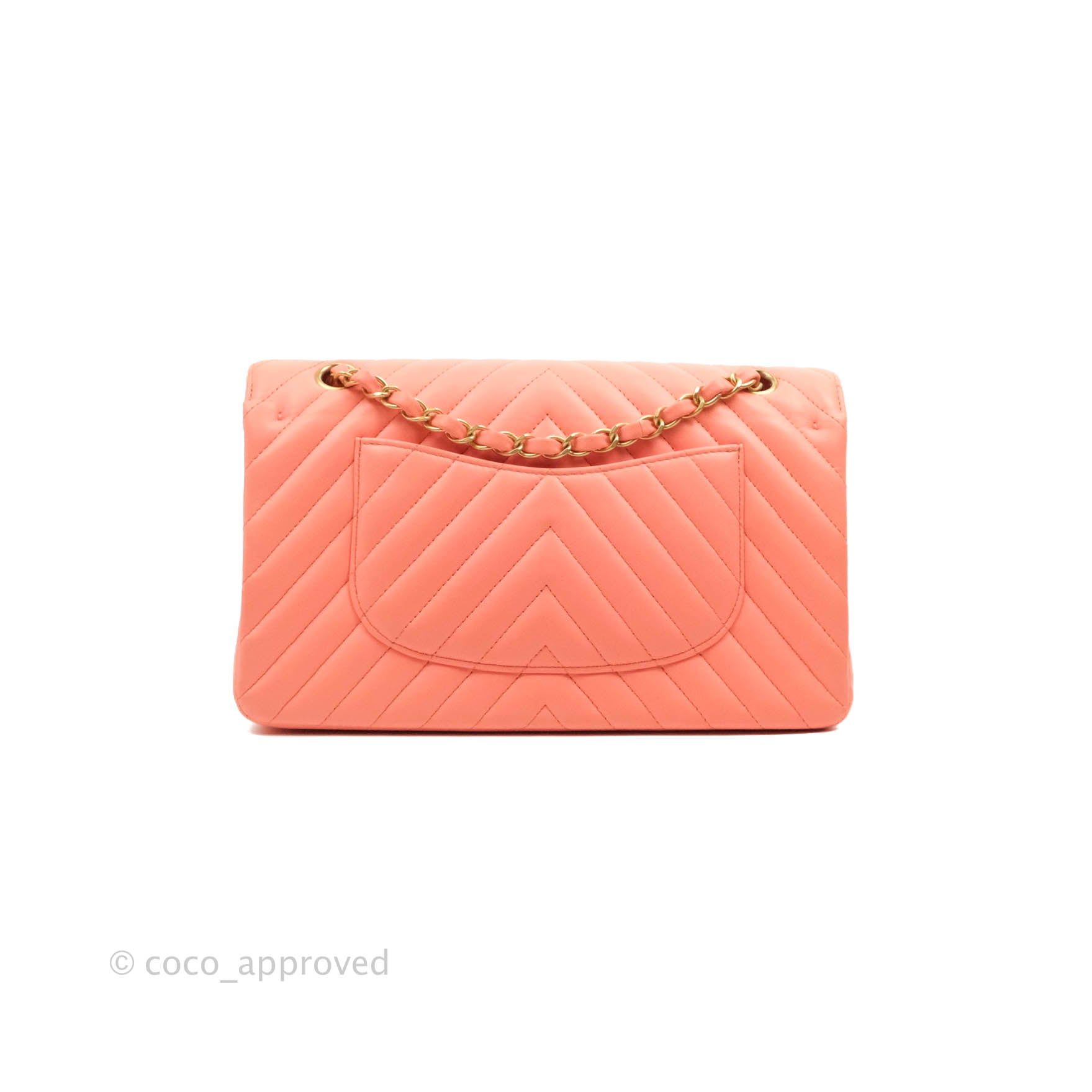 Chanel Classic M/L Medium Chevron Double Flap Coral Pink Lambskin Aged –  Coco Approved Studio