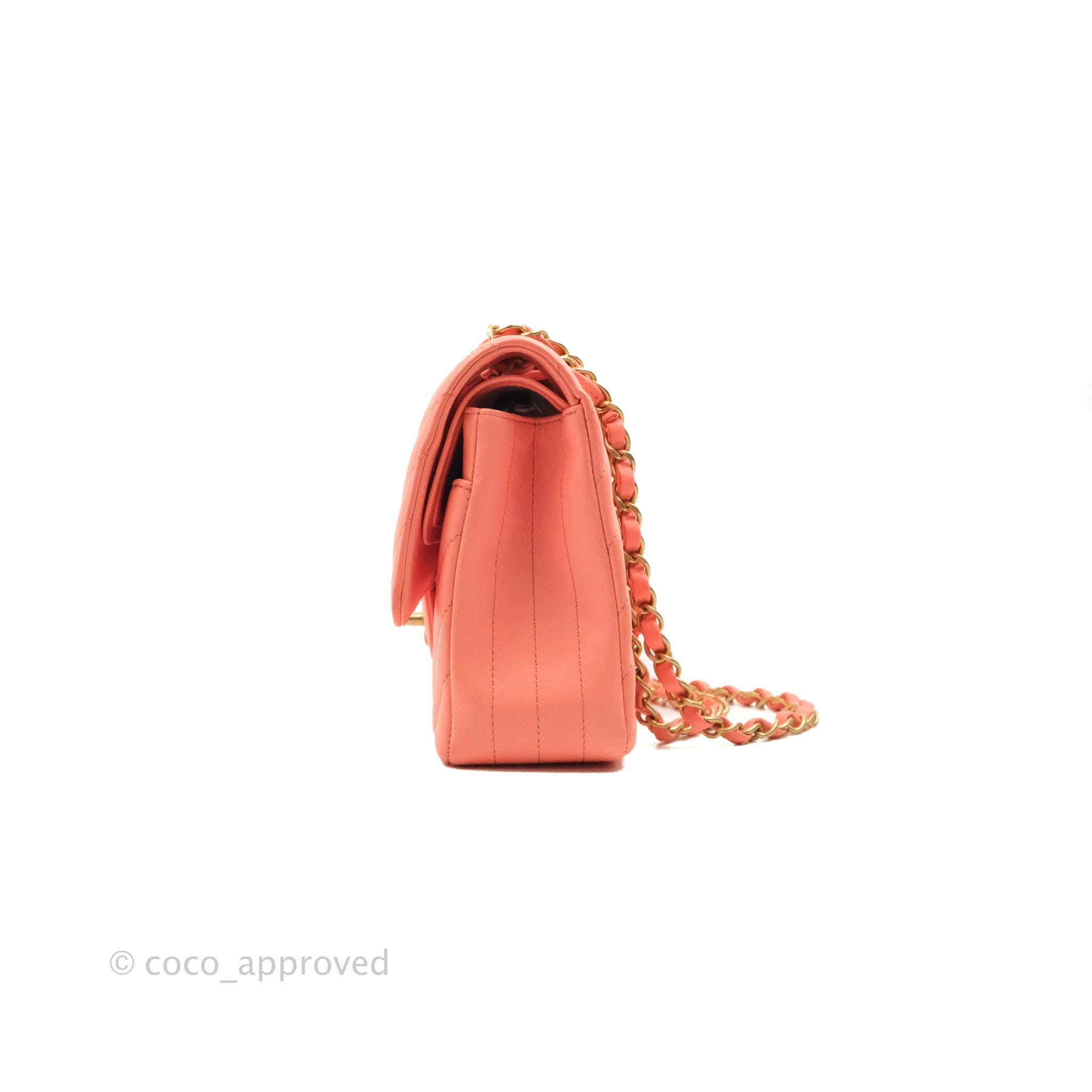 Chanel Classic M/L Medium Chevron Double Flap Coral Pink Lambskin Aged –  Coco Approved Studio