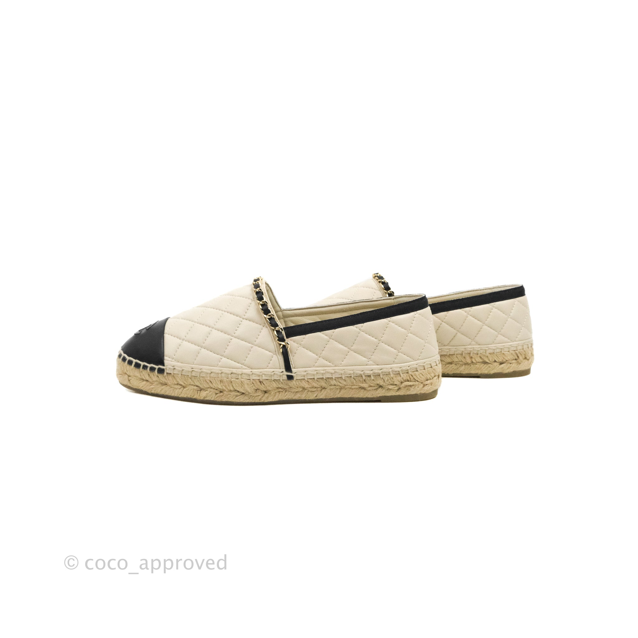 Chanel Quilted CC Espadrilles Ivory Black Lambskin Size 40 – Coco Approved  Studio