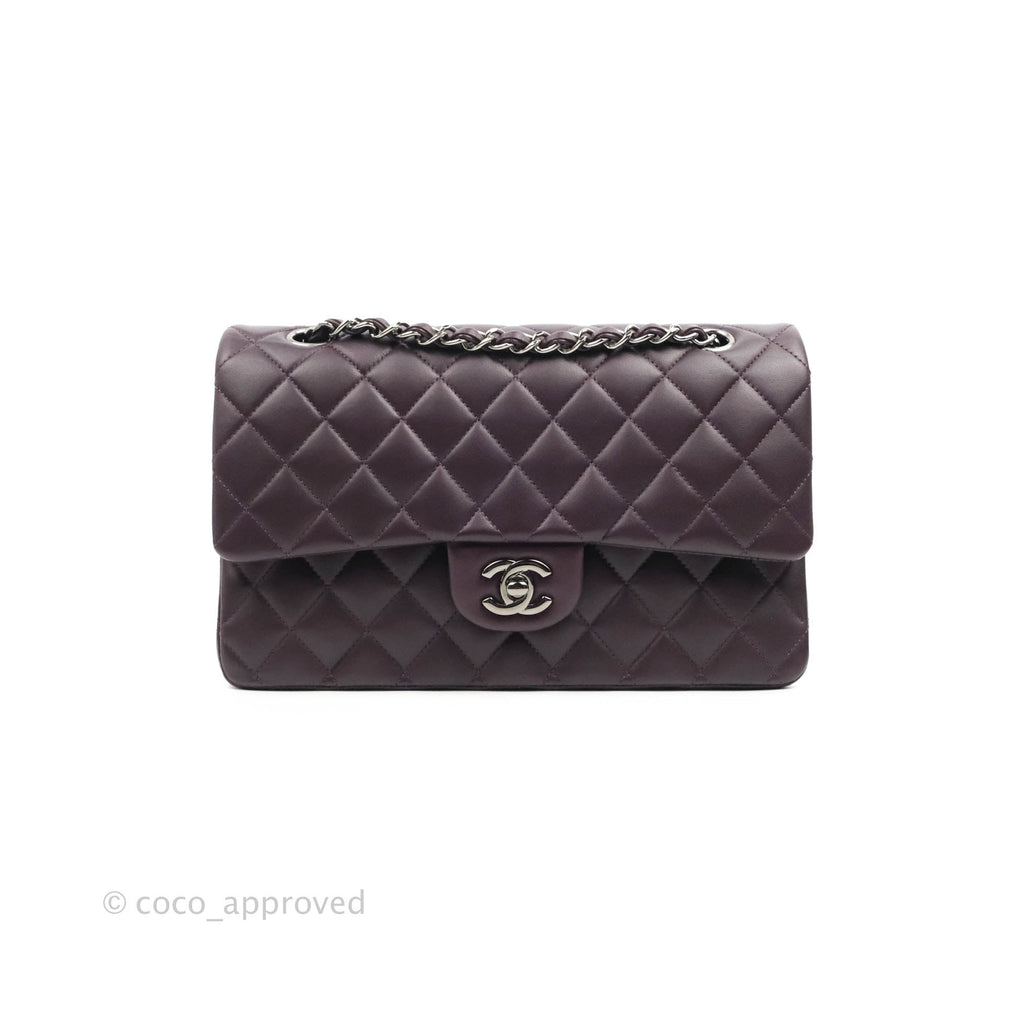 Chanel Classic M/L Medium Flap Quilted Burgundy Lambskin Silver Hardware