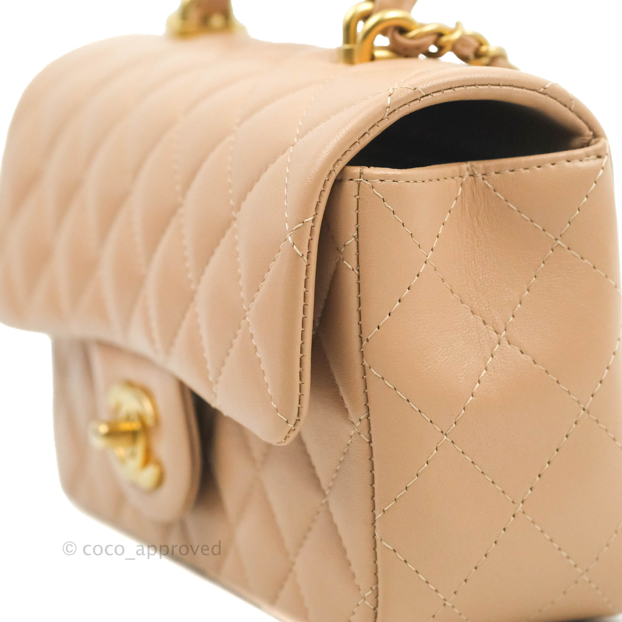 Chanel Top Handle Mini Rectangular Flap Bag Beige Lambskin Aged Gold H – Coco  Approved Studio