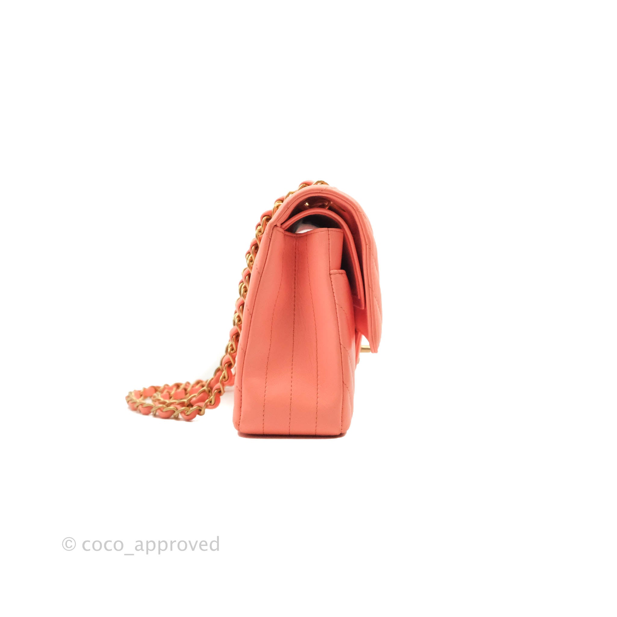 Chanel Classic M/L Medium Chevron Double Flap Coral Pink Lambskin Aged –  Coco Approved Studio