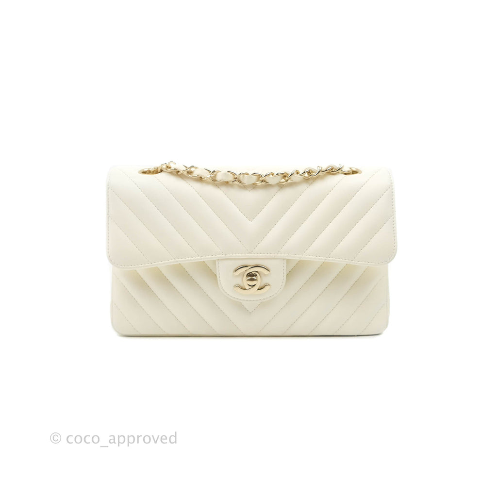 Chanel Classic Chevron S/M Small Double Flap Ivory White Lambskin Gold Hardware