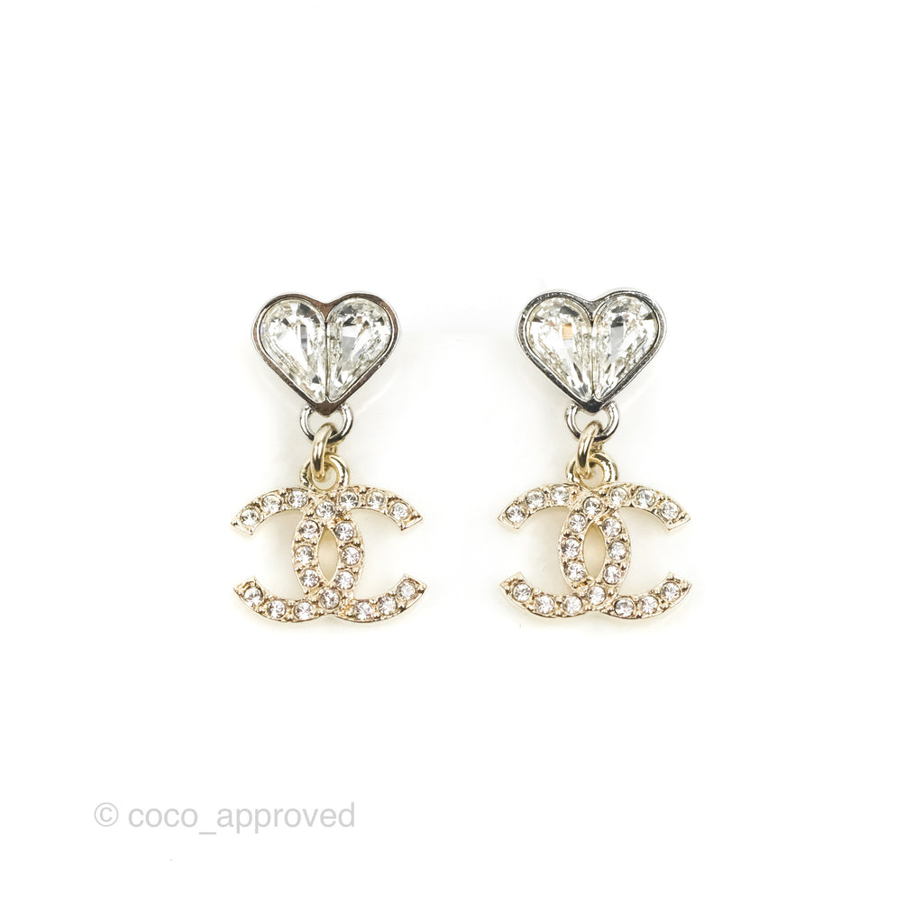 Chanel Crystal Heart CC Drop Earrings Silver Tone 23S