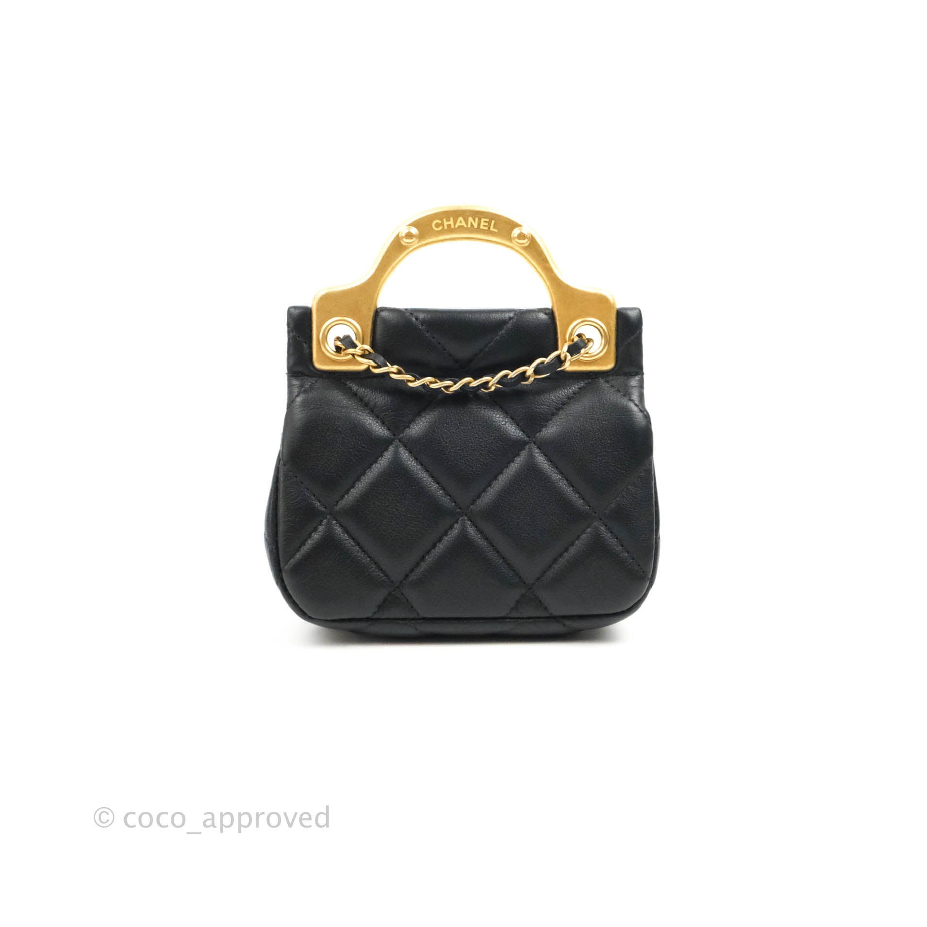 Chanel Quilted Lady Handle Flap Card Holder With Chain Black