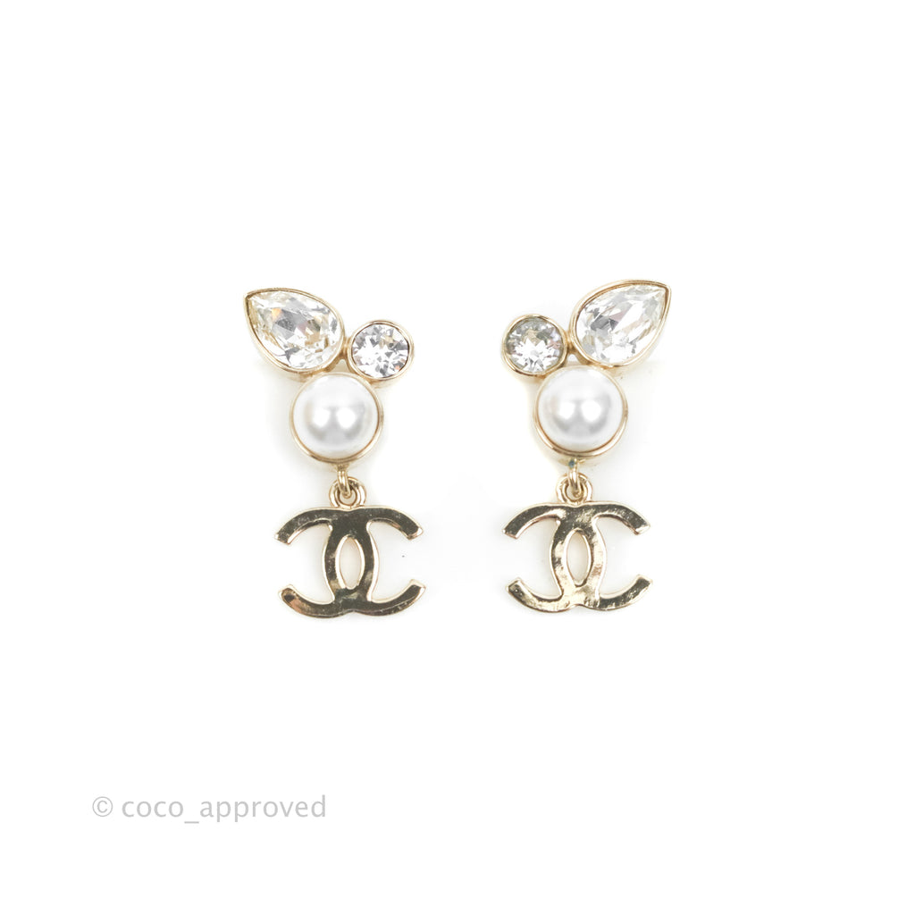 Chanel CC Crystal Pearl Earrings Gold Tone 22C