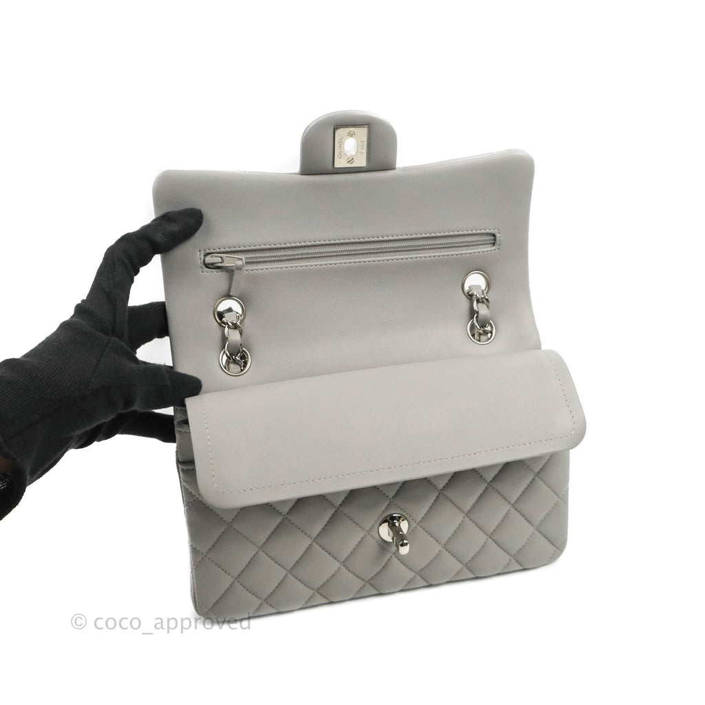 Chanel Small Classic Quilted Flap Grey Lambskin Silver Hardware