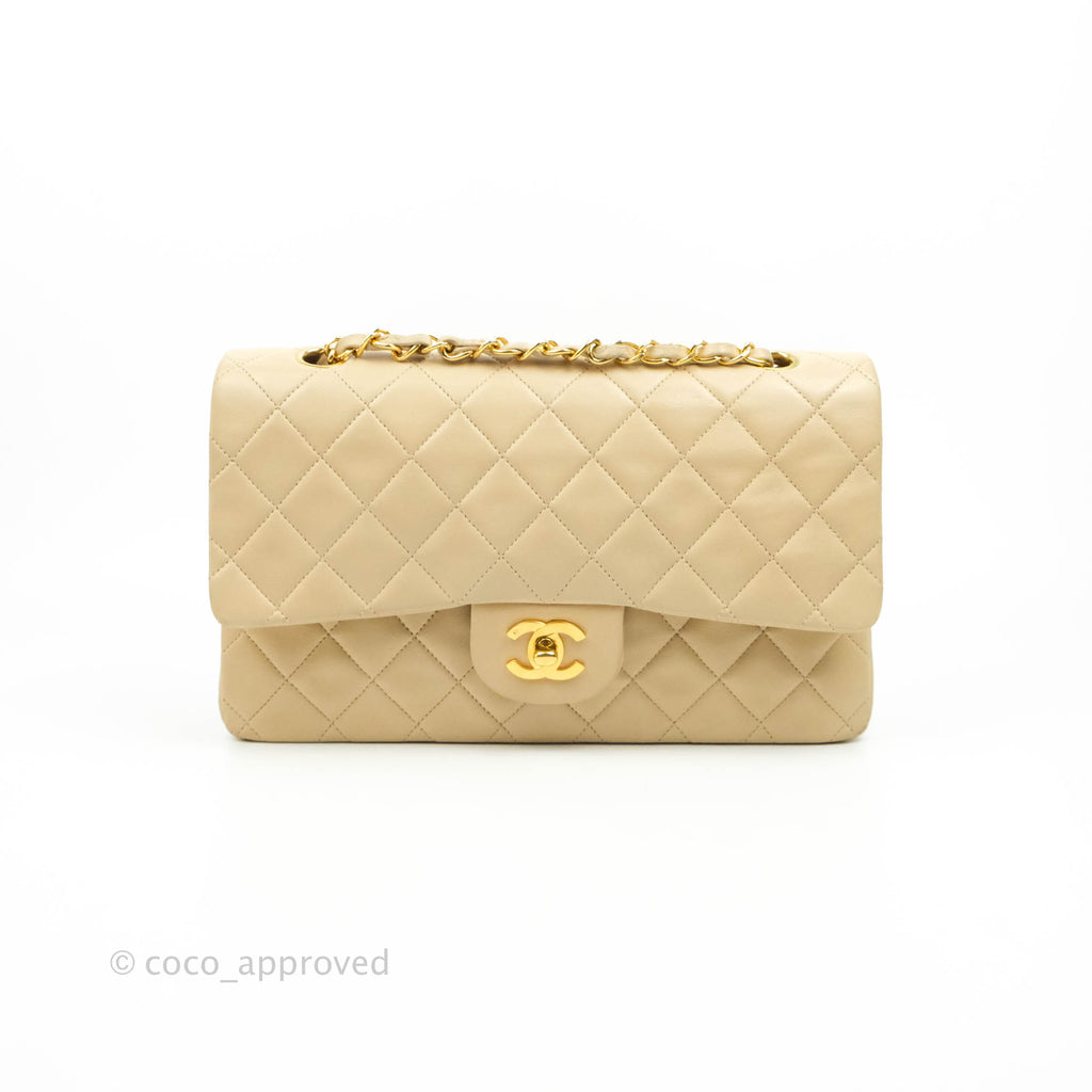 Chanel Vintage Classic M/L Medium Double Flap Bag Beige Lambskin 24K Gold Hardware