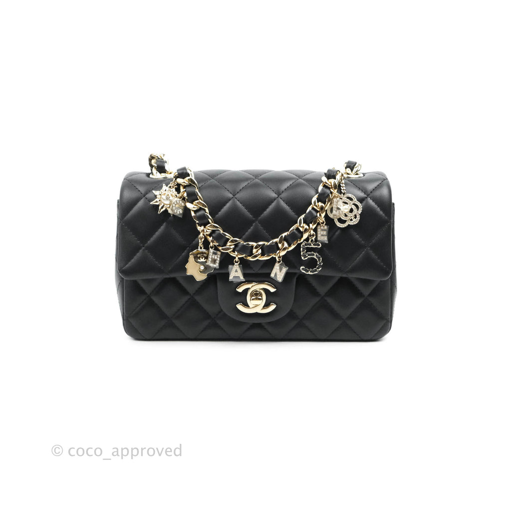 Chanel Quilted Mini Rectangular Lambskin Black Flap With Charms Gold Hardware 21C