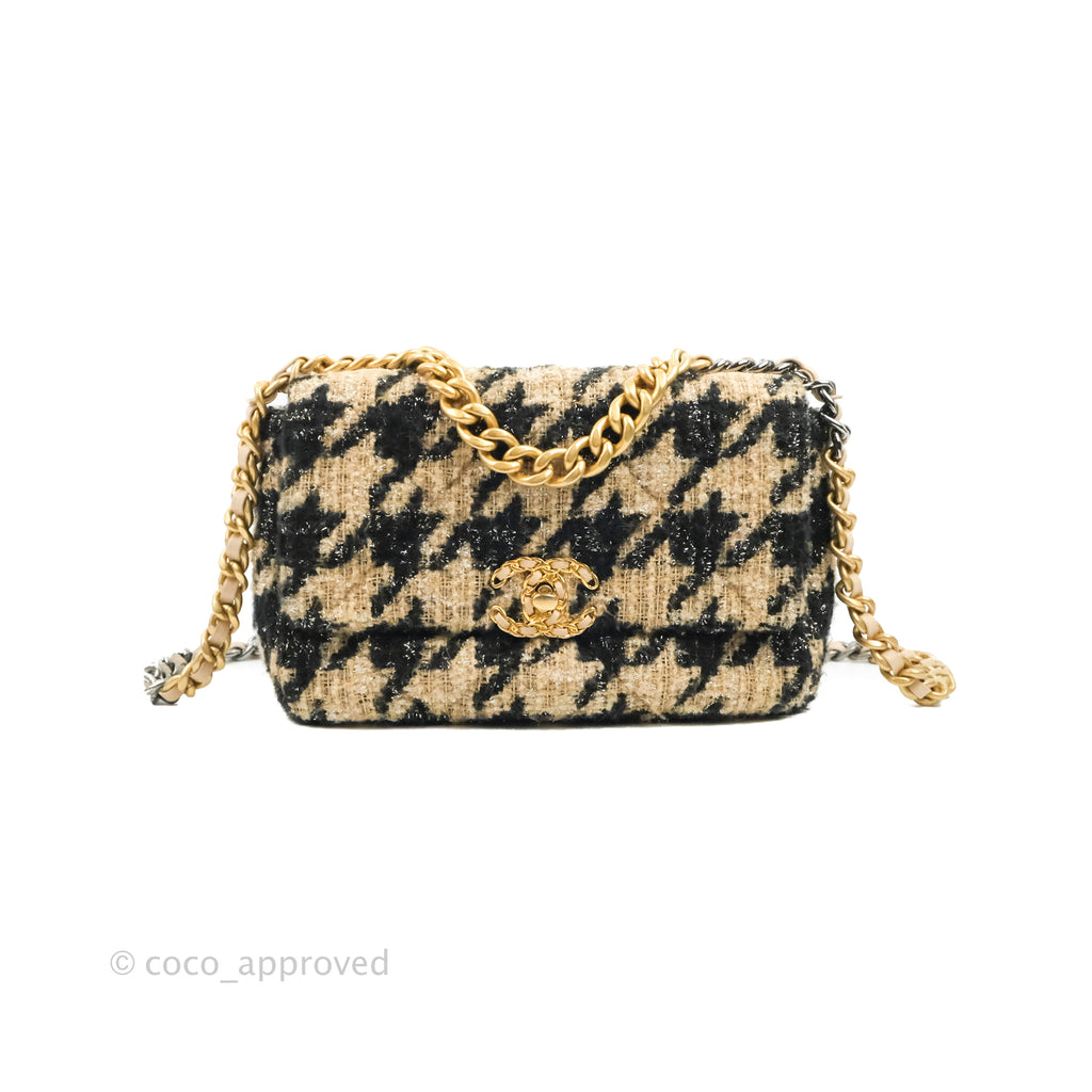 Chanel 19 Small Tweed Houndstooth Black Beige Mixed Hardware