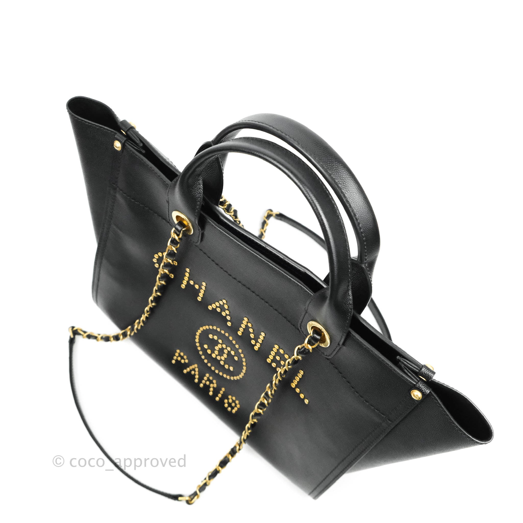 CHANEL Deauville Tote Large Black Caviar Studded with Brushed Gold