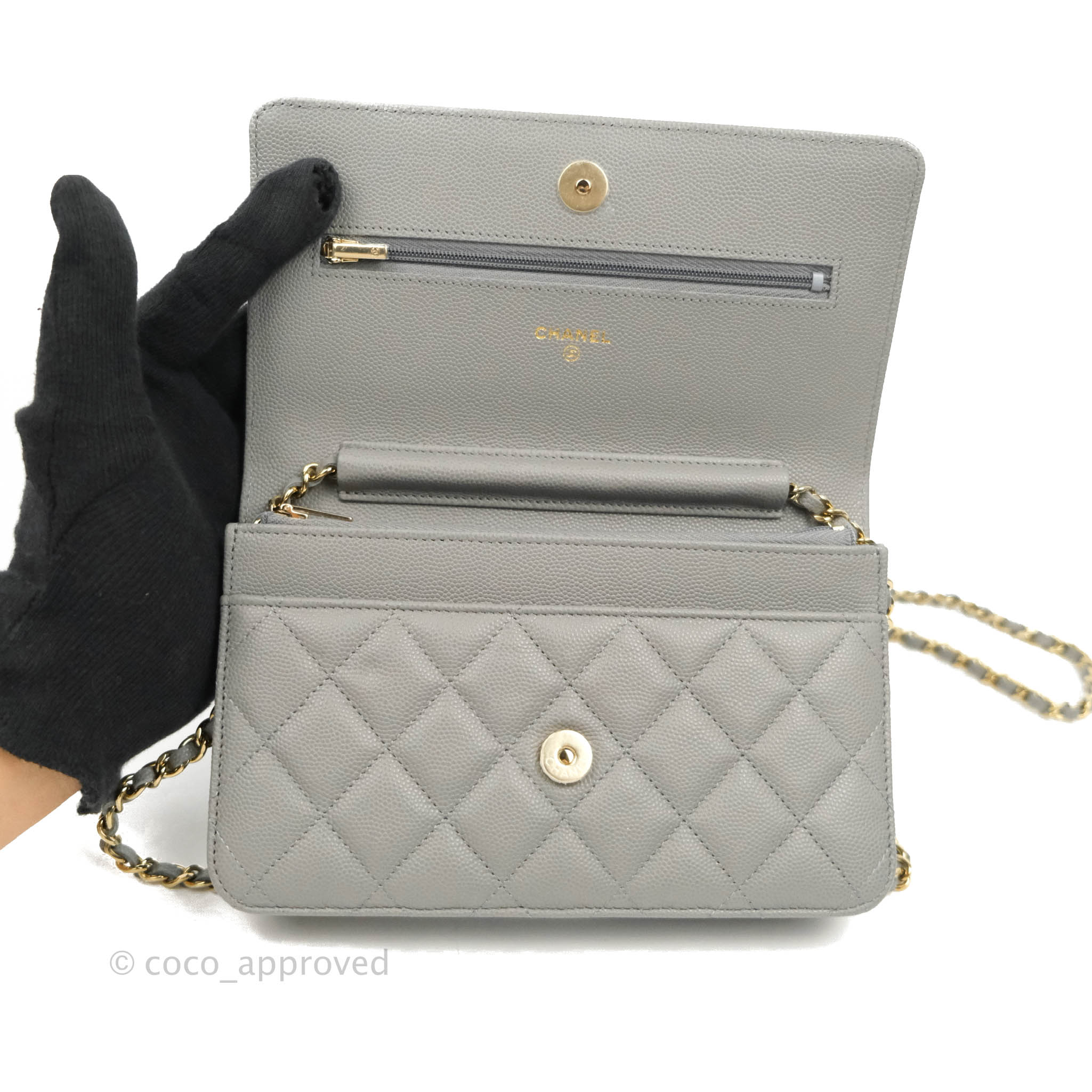 Chanel Caviar Quilted Wallet On Chain WOC Gray Gold Hardware