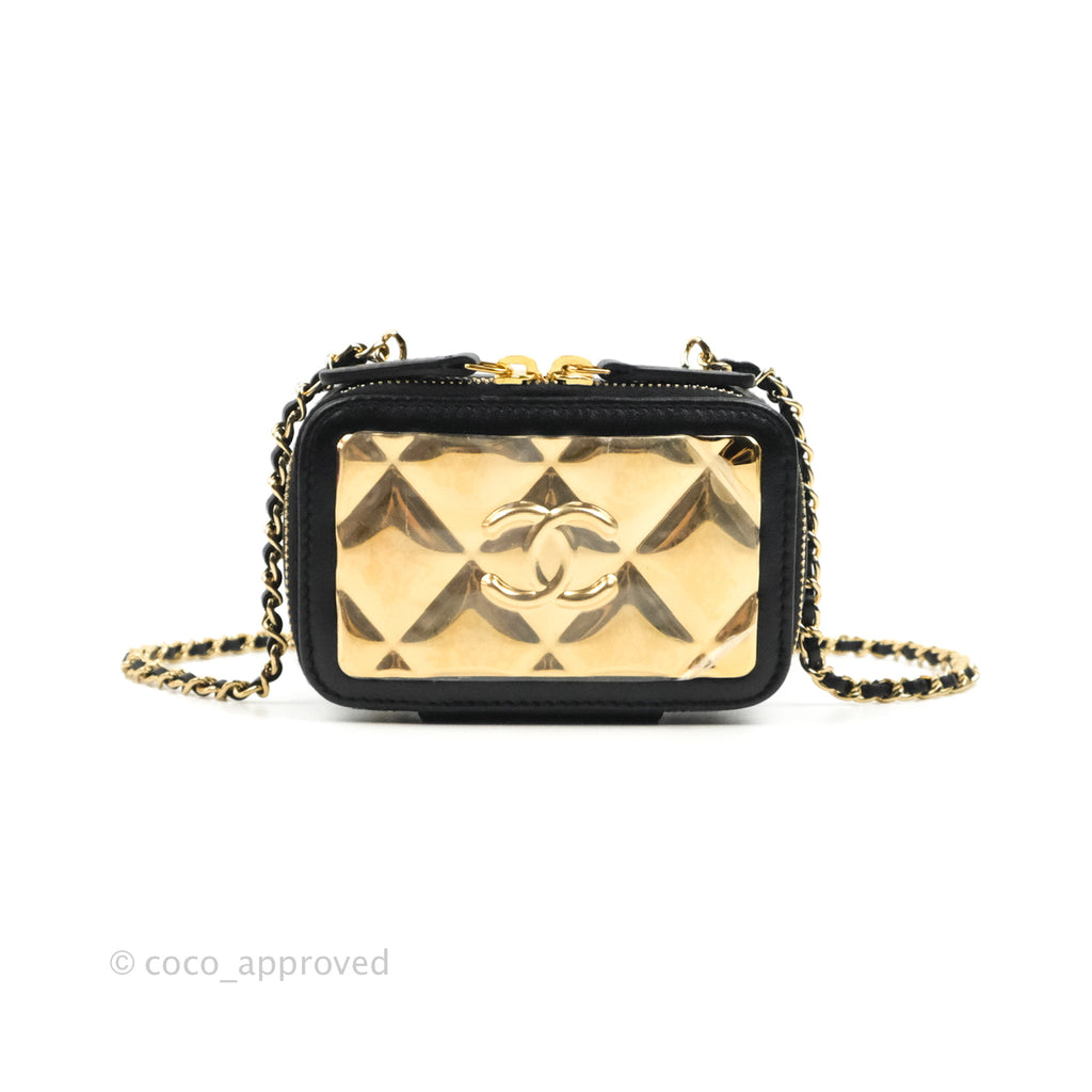 Chanel Quilted Mini Golden Plate Vanity Case With Chain Black Lambskin Gold Hardware