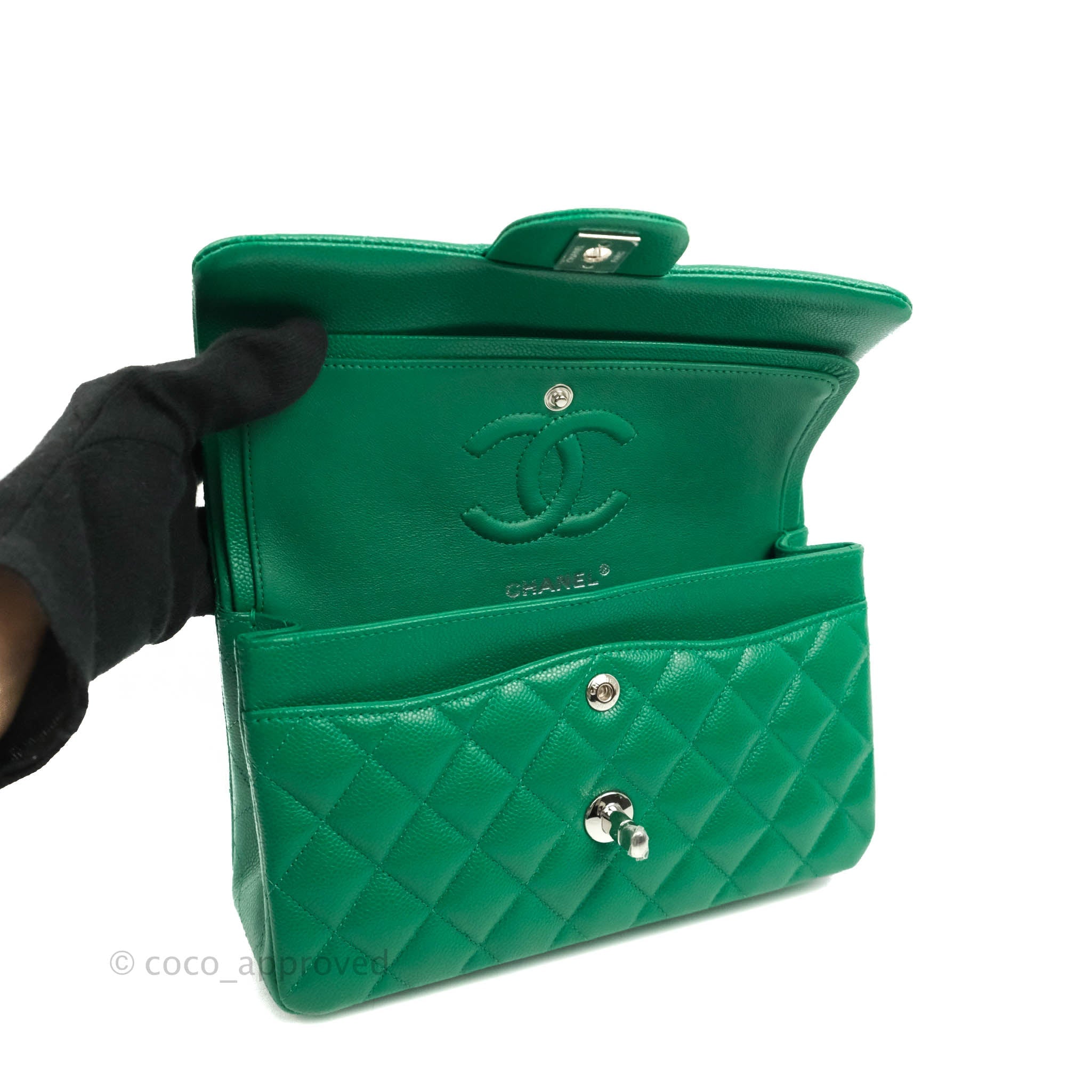 Chanel Small Classic Quilted Flap Green Caviar Silver Hardware 20B