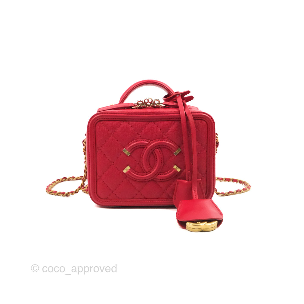 Chanel Quilted Small CC Filigree Vanity Case Red Caviar Gold Hardware