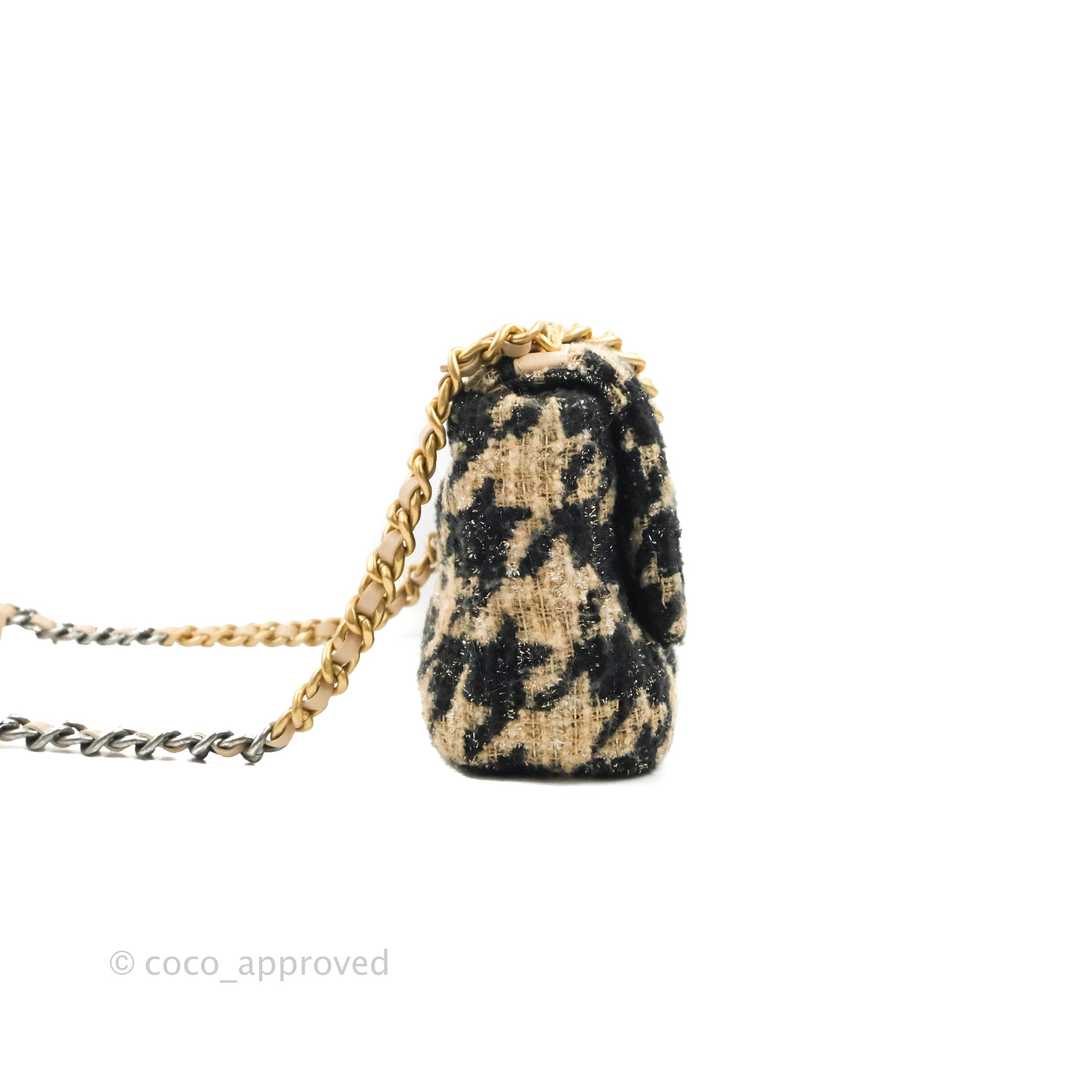 Chanel 19 Small Tweed Houndstooth Black Beige Mixed Hardware
