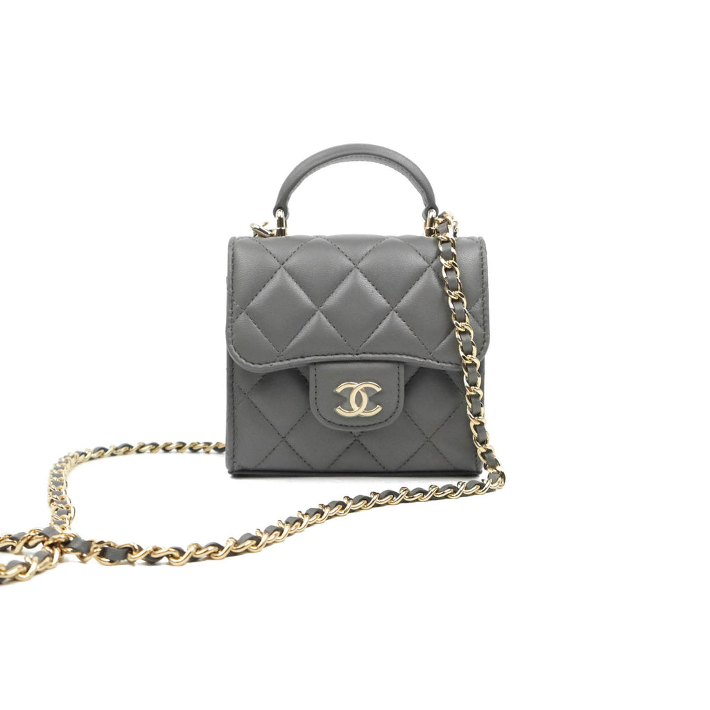 Chanel Mini Handle Clutch With Chain Grey Lambskin Gold Hardware 22P