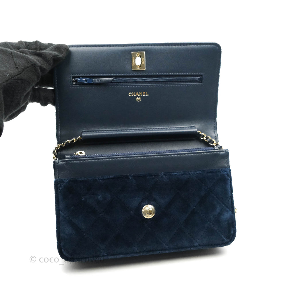 Chanel Quilted Crystal Pearl Crush Wallet on Chain WOC Navy Velvet Gold Hardware