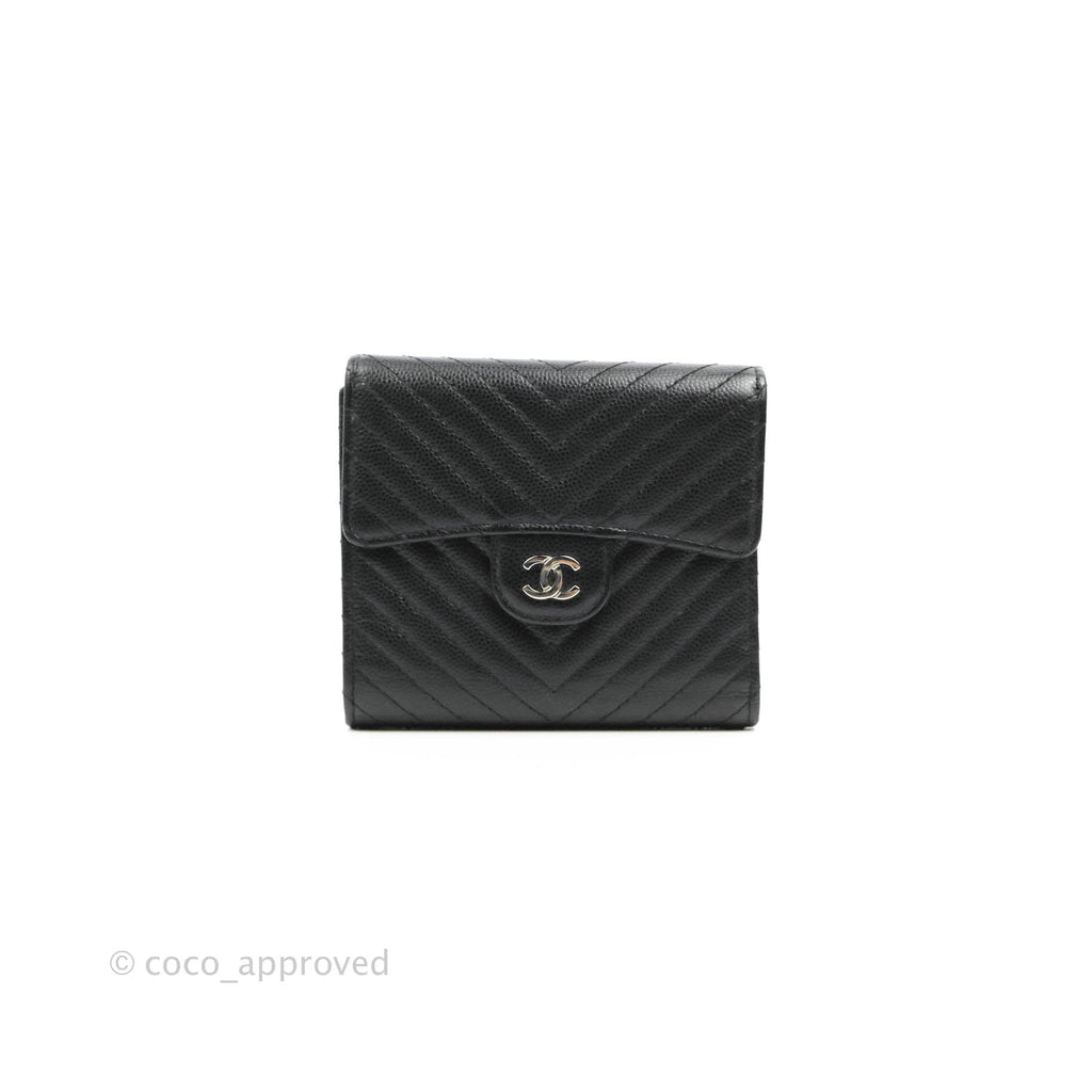 Chanel Classic Flap Chevron Wallet Black Caviar Silver Hardware