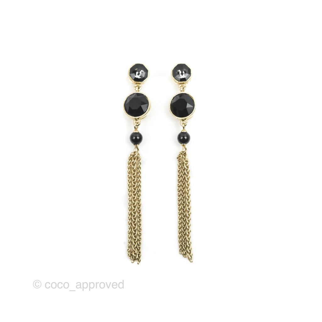 Chanel Black Resin Bead Long Drop Earrings Gold Tone 18B