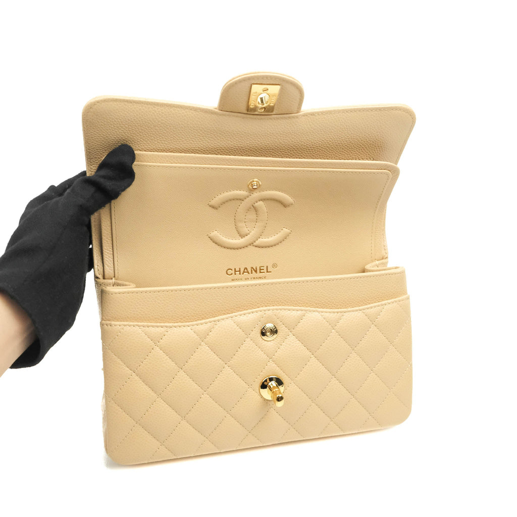 Chanel Classic Small S/M Quilted Flap Beige Caviar Gold Hardware