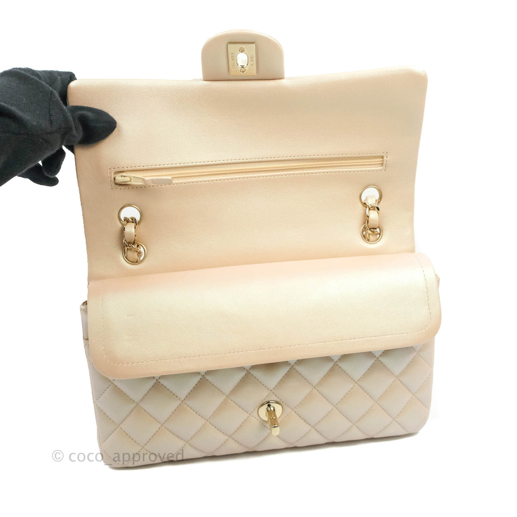 Chanel Classic M/L Medium Double Flap Iridescent Beige Calfskin Gold Hardware 21S