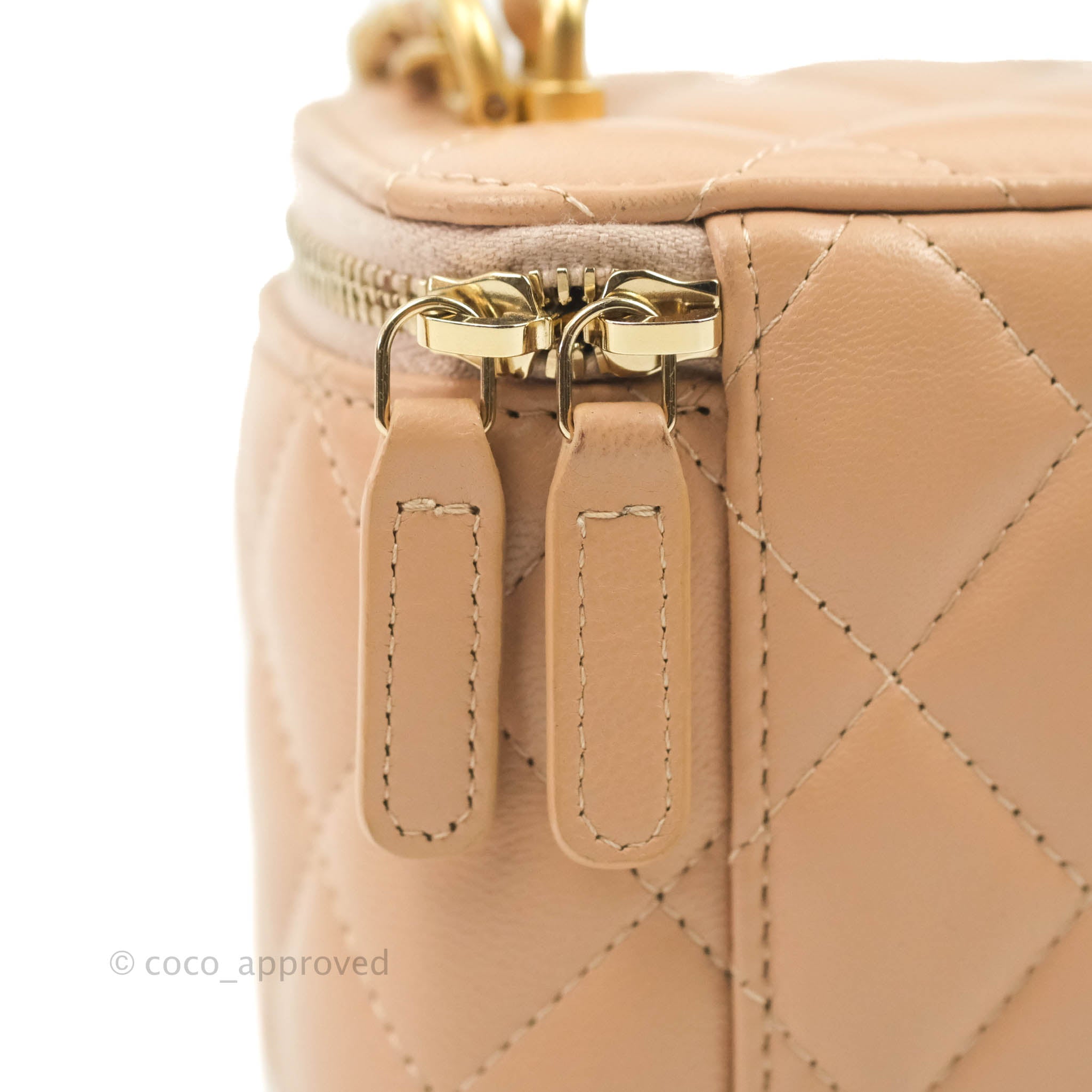 Chanel Mini Top Handle Vanity With Chain Beige Lambskin Aged Gold