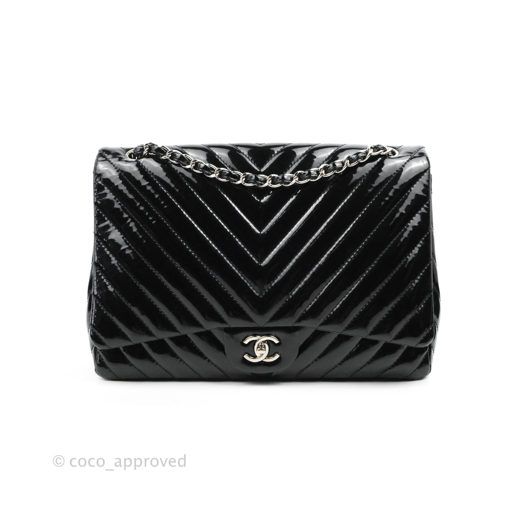 Chanel Single Flap Maxi Chevron Black Patent Silver Hardware