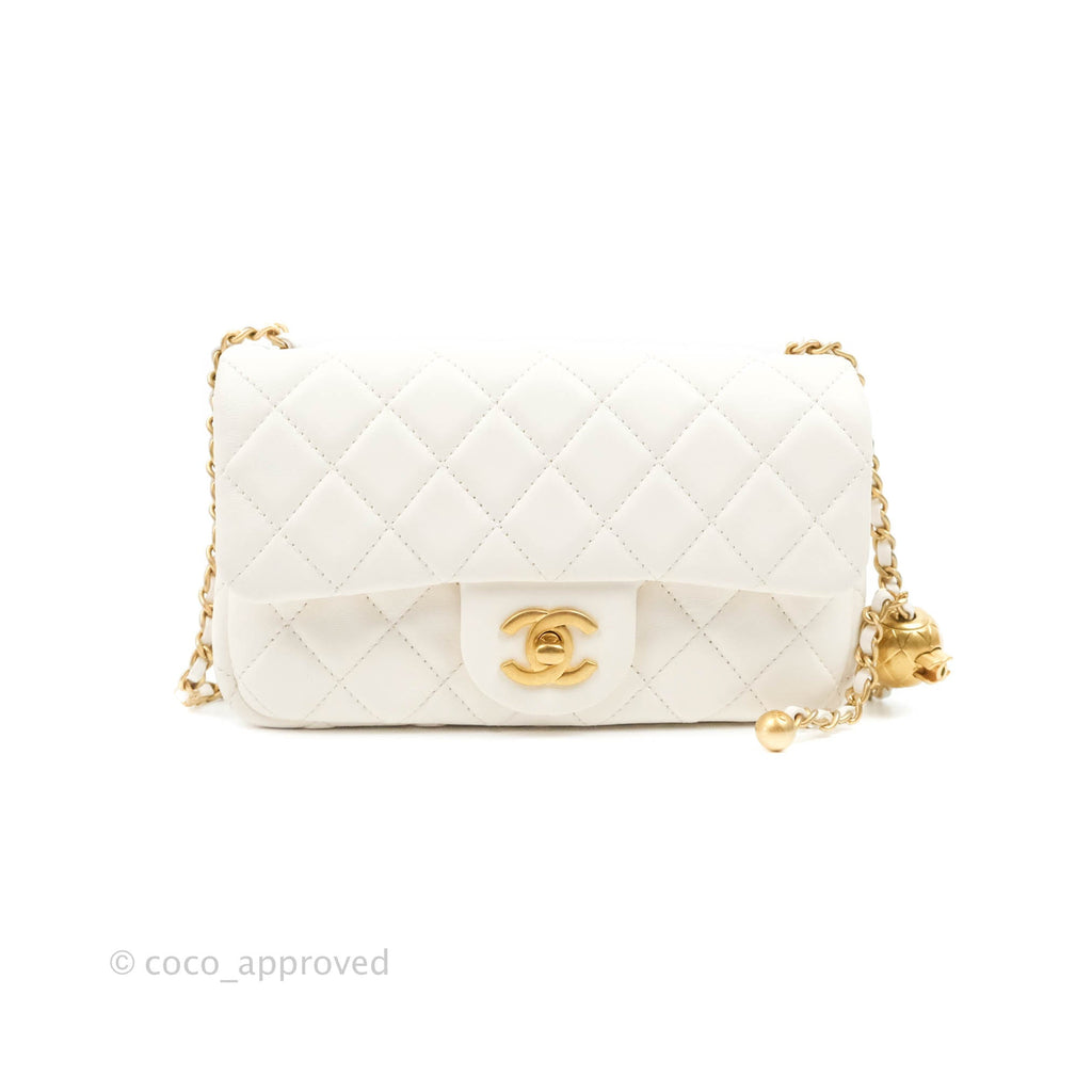 Chanel Mini Rectangular Pearl Crush Quilted White Lambskin Aged Gold Hardware