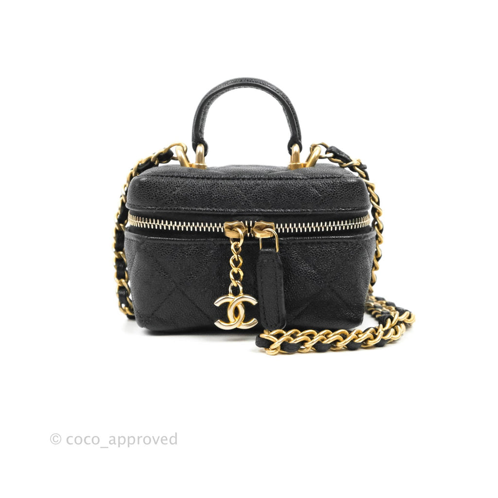 Chanel Quilted Mini Top Handle Vanity With Chain Black Caviar Aged Gold Hardware