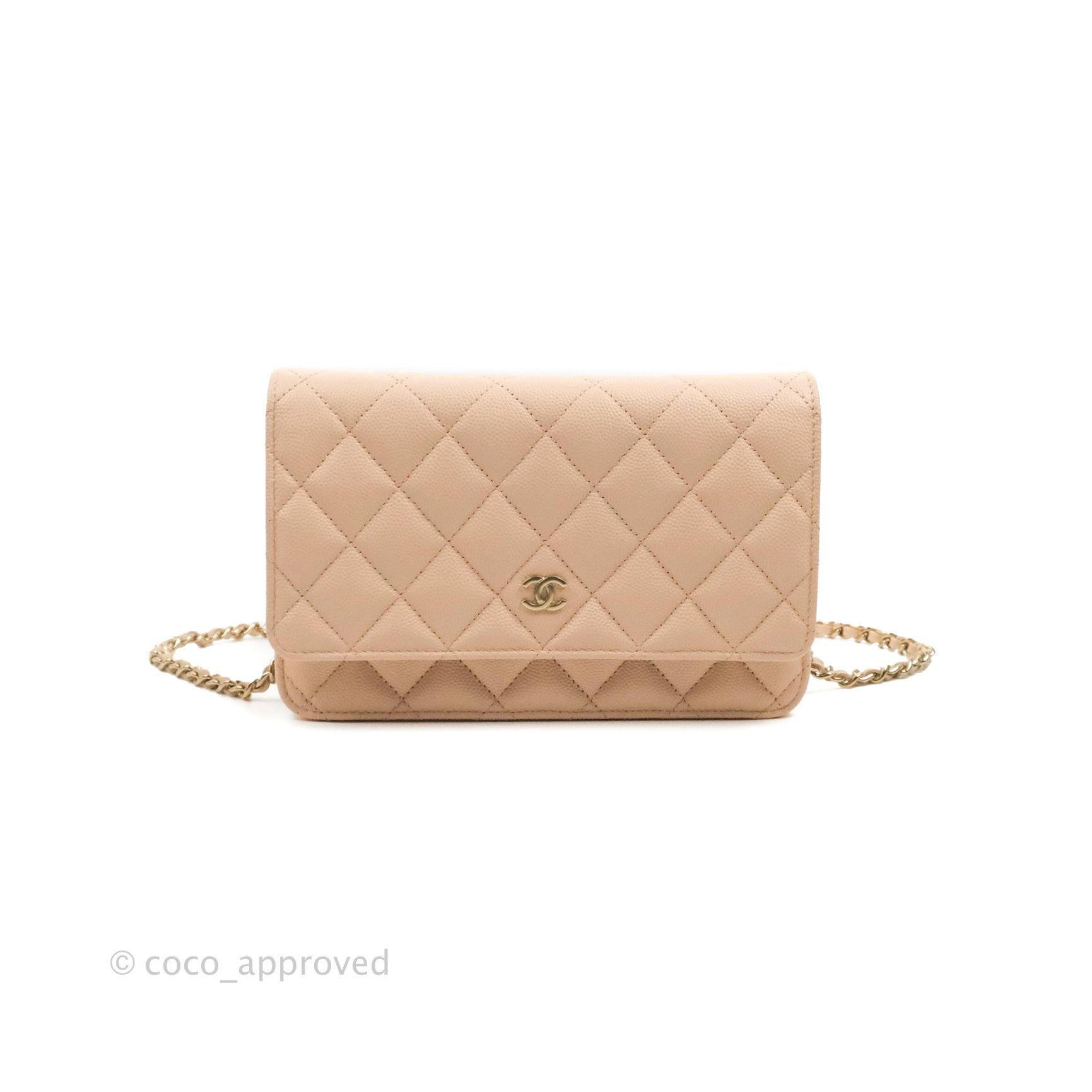 Chanel Quilted Classic Wallet on Chain WOC Light Beige Caviar Gold Hardware