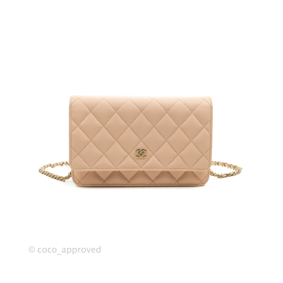 Chanel Quilted Classic Wallet on Chain WOC Light Beige Caviar Gold Hardware