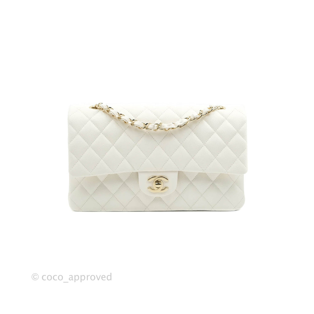 Chanel Classic M/L Medium Double Flap White Caviar Gold Hardware 21B