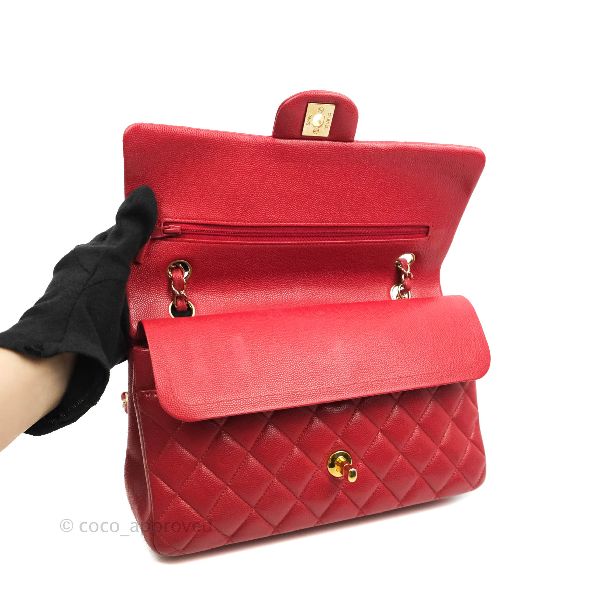 Chanel Classic M/L Medium Double Flap Iridescent Red Caviar Gold Hardw –  Coco Approved Studio