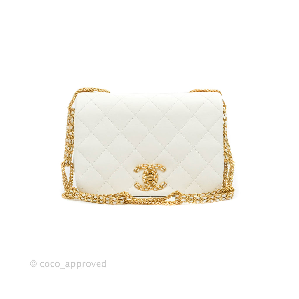 Chanel Large White Flap Bag With Woven CC Logo Lambskin Gold Hardware 22C