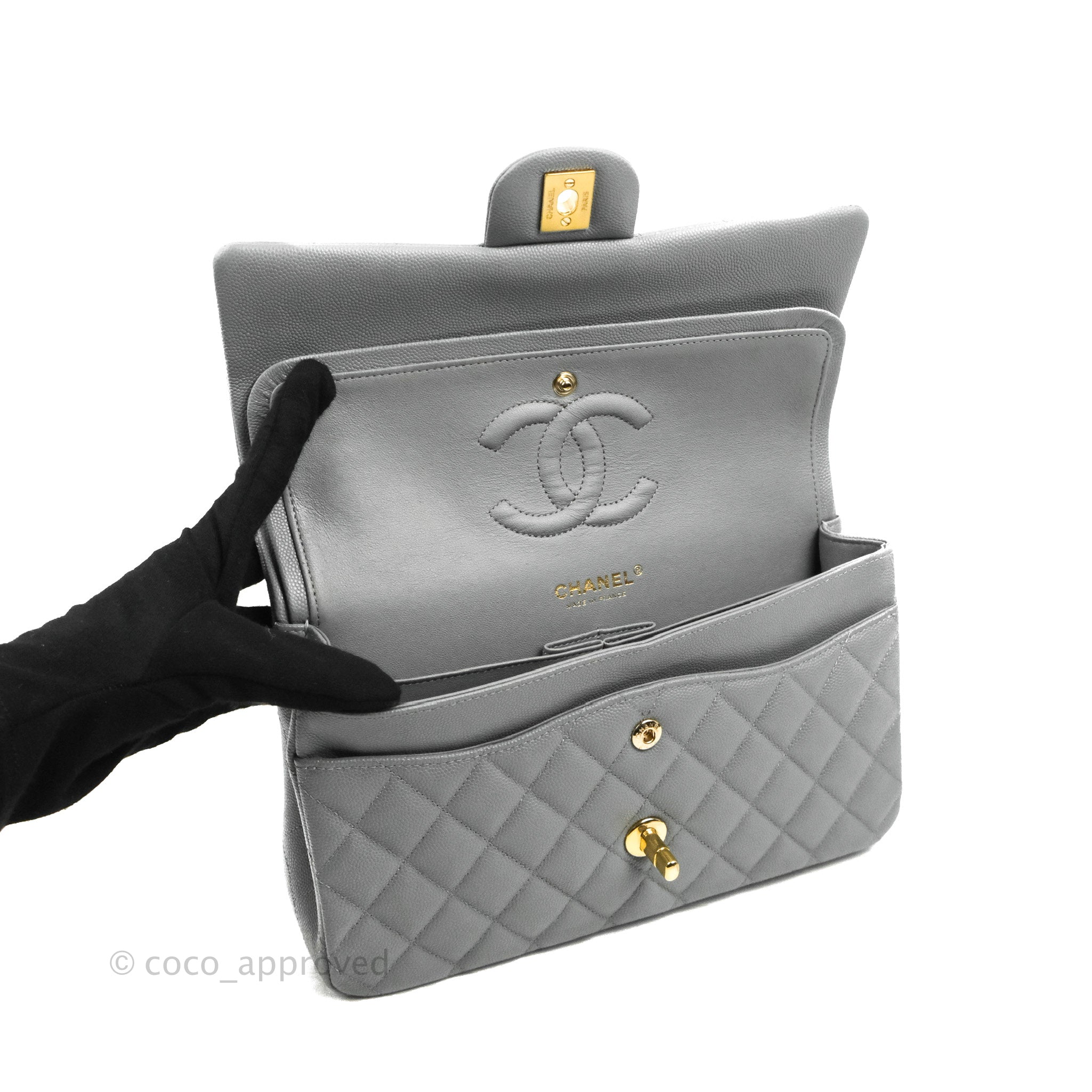 Chanel Classic Medium M/L Flap Dark Grey Caviar Gold Hardware 20C – Coco  Approved Studio