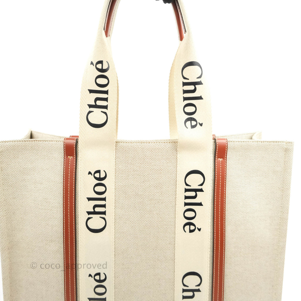 Chloe Large Woody Tote Bag Cotton Canvas & Brown Calfskin with Woody Ribbon