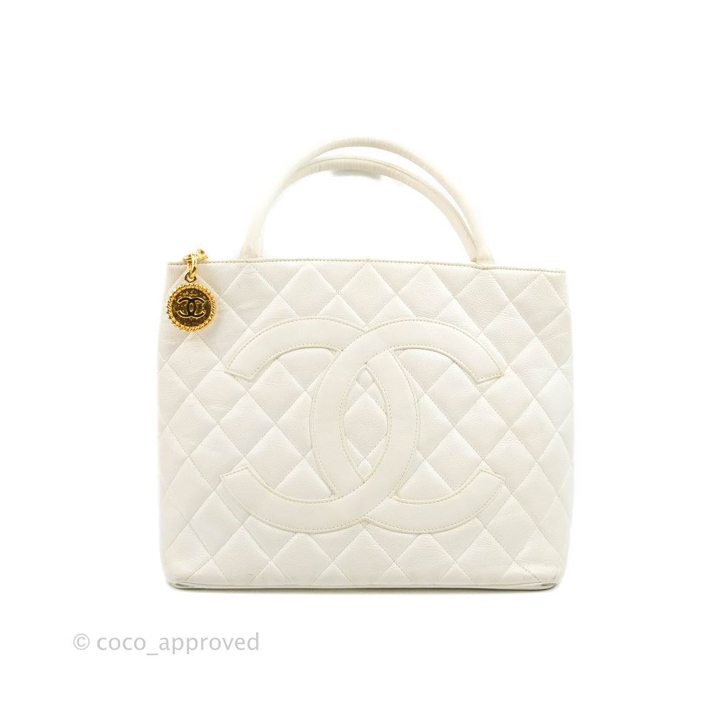 Chanel Vintage Medallion CC White Caviar Tote Bag Gold Hardware