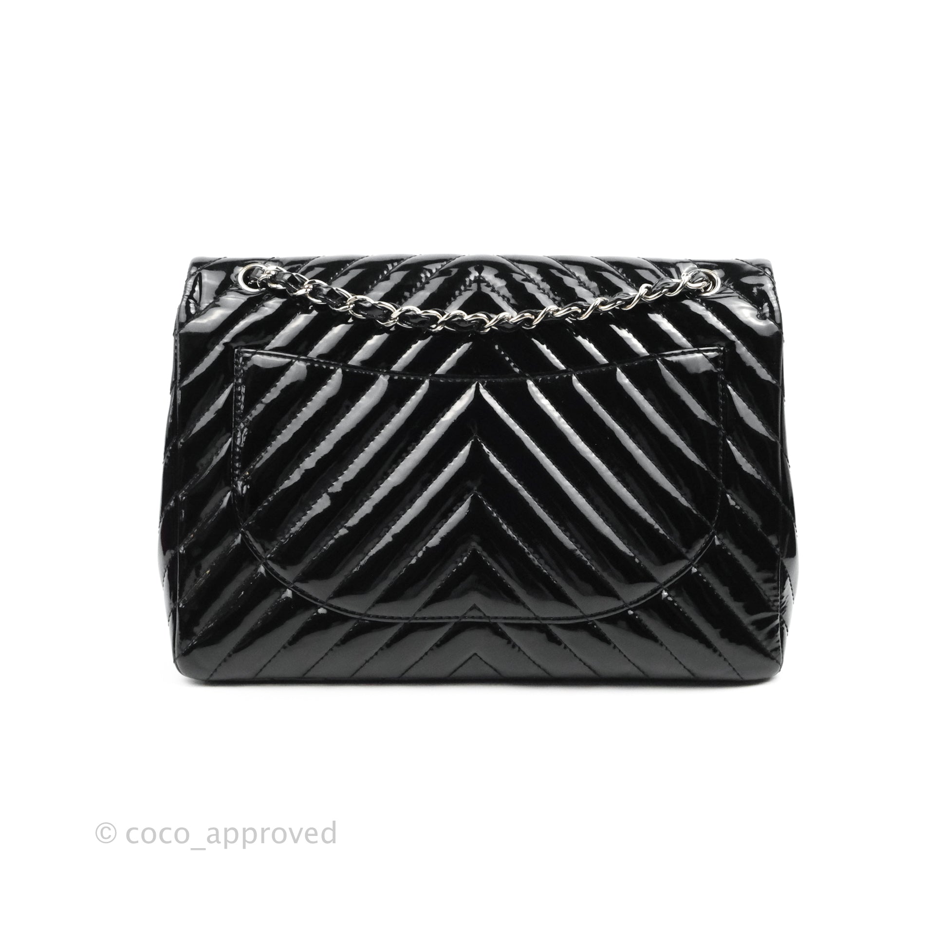 Chanel Single Flap Maxi Chevron Black Patent Silver Hardware – Coco  Approved Studio