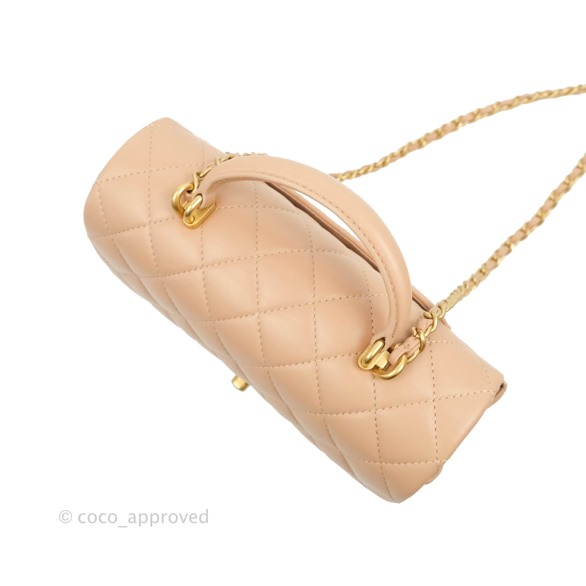 Chanel Top Handle Mini Rectangular Flap Bag Beige Lambskin Aged Gold H – Coco  Approved Studio
