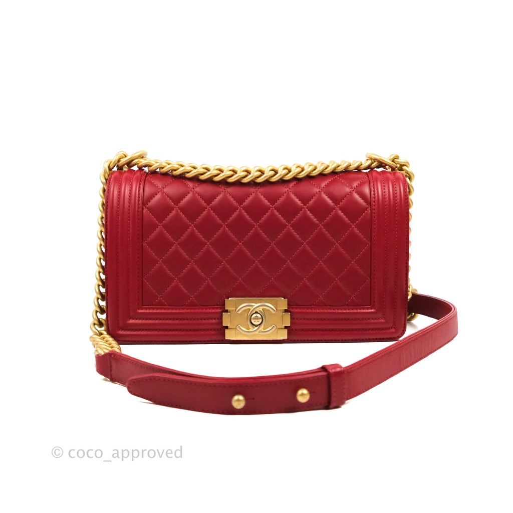 Chanel Quilted Medium Boy Red Lambskin Aged Gold Hardware