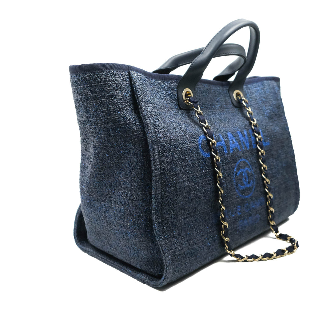 Chanel Large Deauville Navy Blue Glitter Canvas Gold Hardware