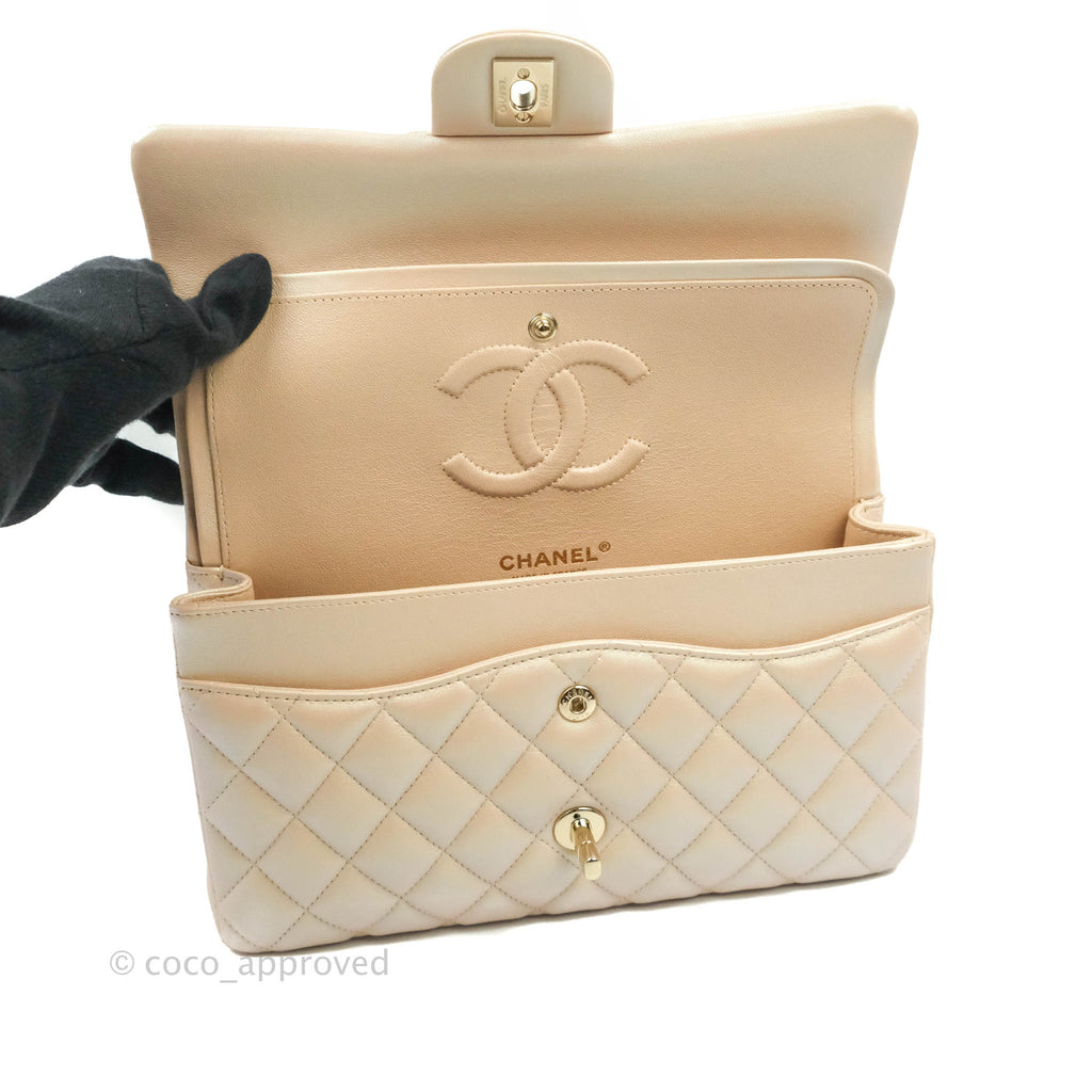 Chanel Classic M/L Medium Double Flap Iridescent Beige Calfskin Gold Hardware 21S
