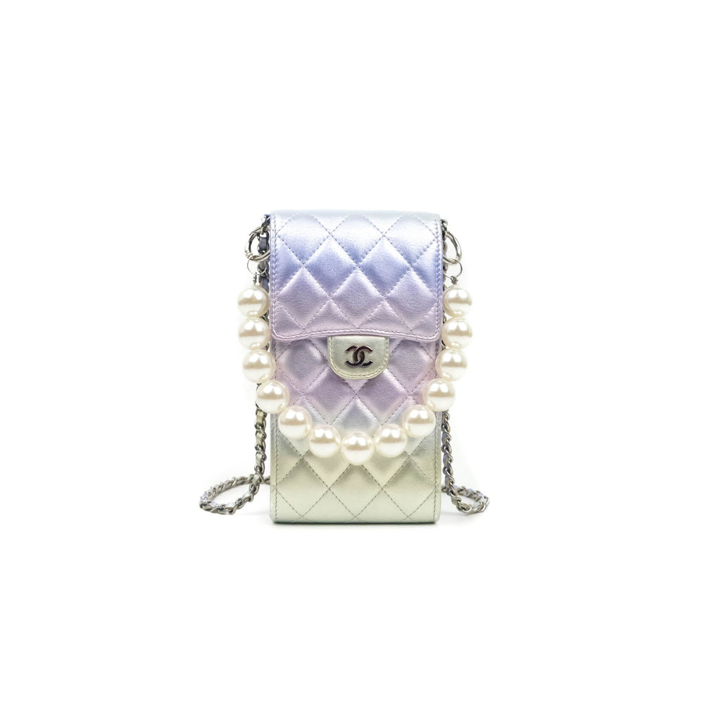 Chanel Classic Quilted Metallic Rainbow Lambskin Phone Holder Rainbow Hardware