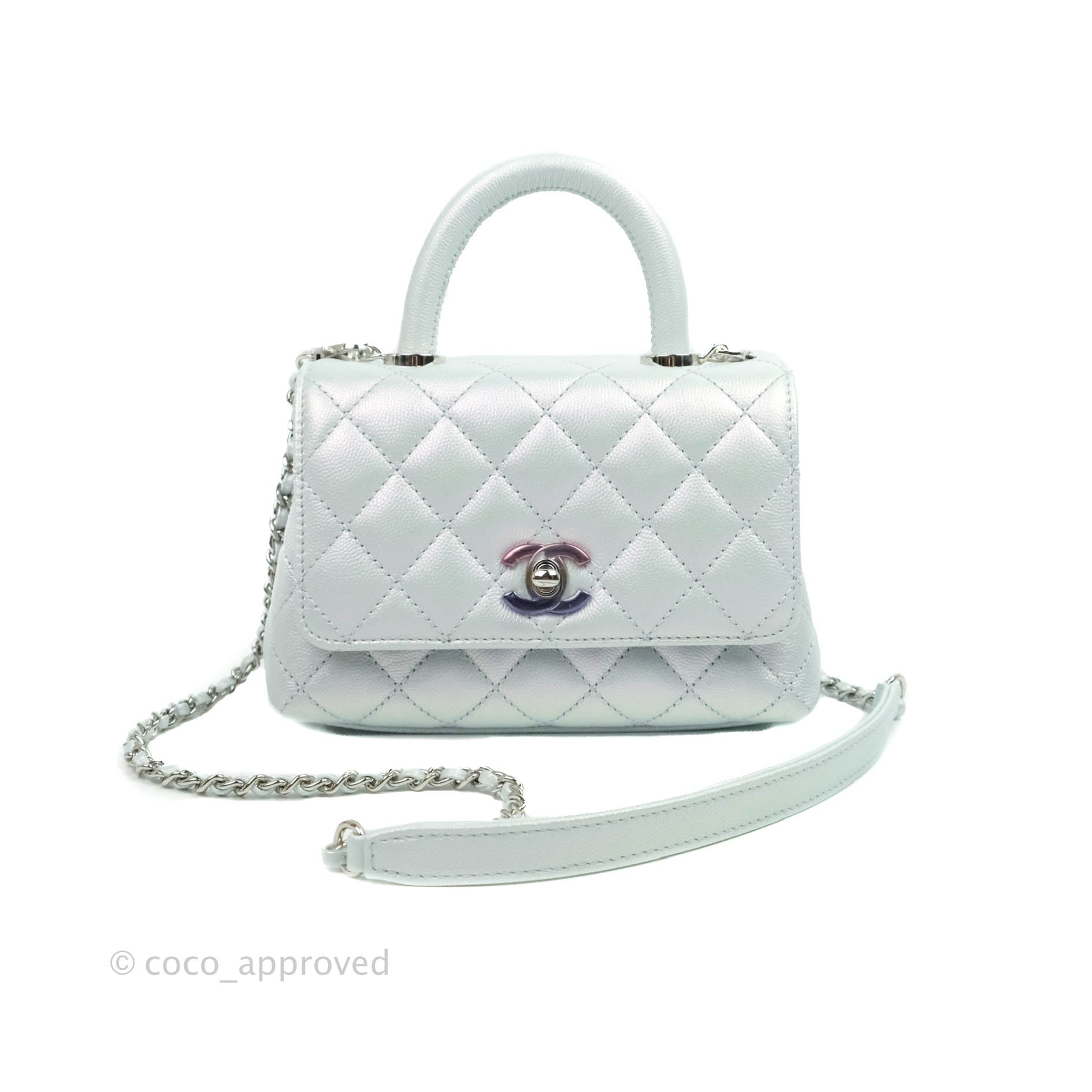 Chanel Mini Coco Handle Quilted Iridescent Light Blue Caviar Rainbow H –  Coco Approved Studio