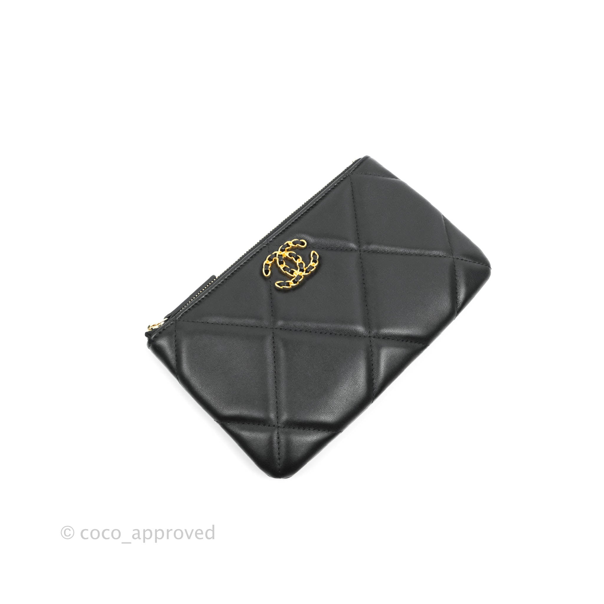 CHANEL Shiny Goatskin Quilted Small Chanel 19 Pouch With Handle Black  660548